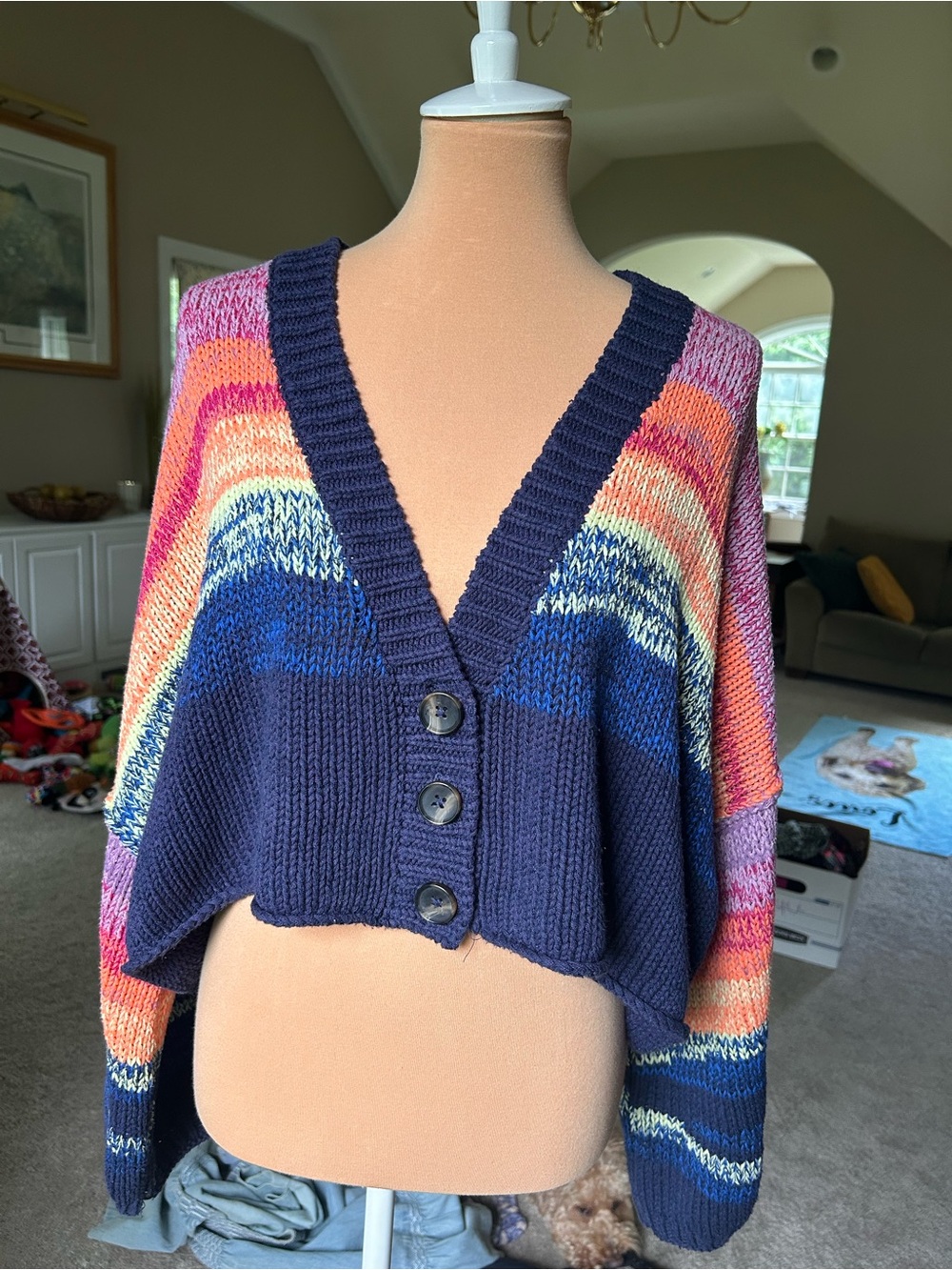 Free People Navy Multicolor Cropped V-Neck Cardigan